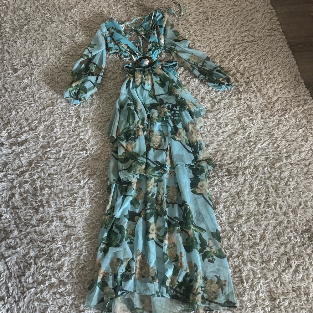 Fashion Nova Aqua Floral Tiered Maxi Dress with Green Print